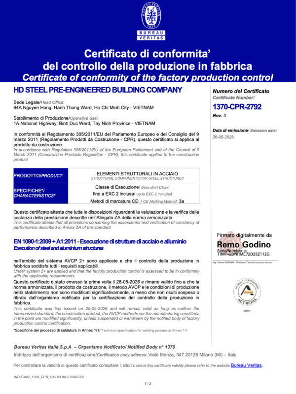Official Bureau Veritas EN 1090-1 certificate and CE Marking awarded to HD Steel Structure
