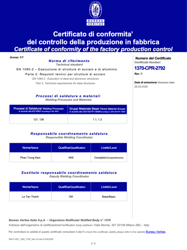 Technical annex under EN 1090-2 specifying welding processes and coordinators for HD Steel Structure