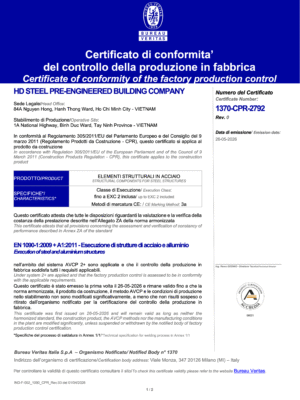 EN 1090-1 certified structural steel factory production control certificate for HD Steel Pre-engineered Building Company by Bureau Veritas.