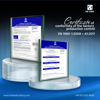 Official Bureau Veritas EN 1090-1 certificate and CE Marking poster by HD Steel Structure