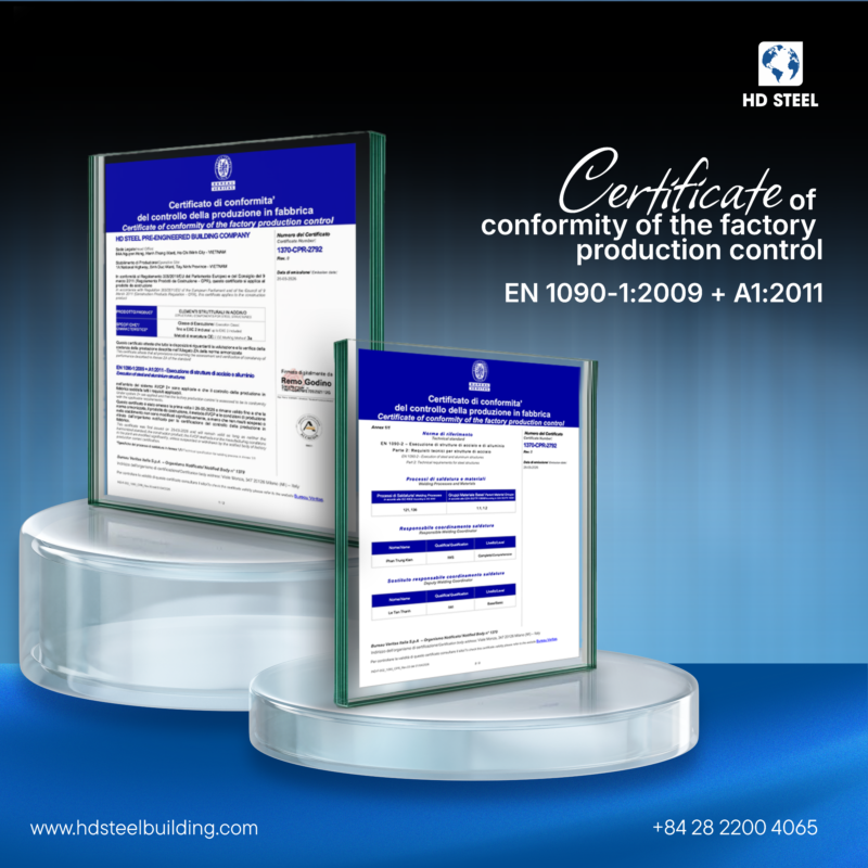 Official Bureau Veritas EN 1090-1 certificate and CE Marking poster by HD Steel Structure